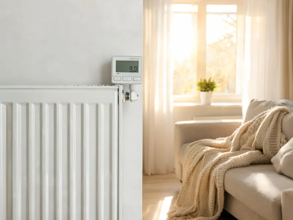 Grzejnik z nowoczesnym termostatem w jasnym salonie, symbol komfortowej minimalnej temperatury w mieszkaniu zimą.