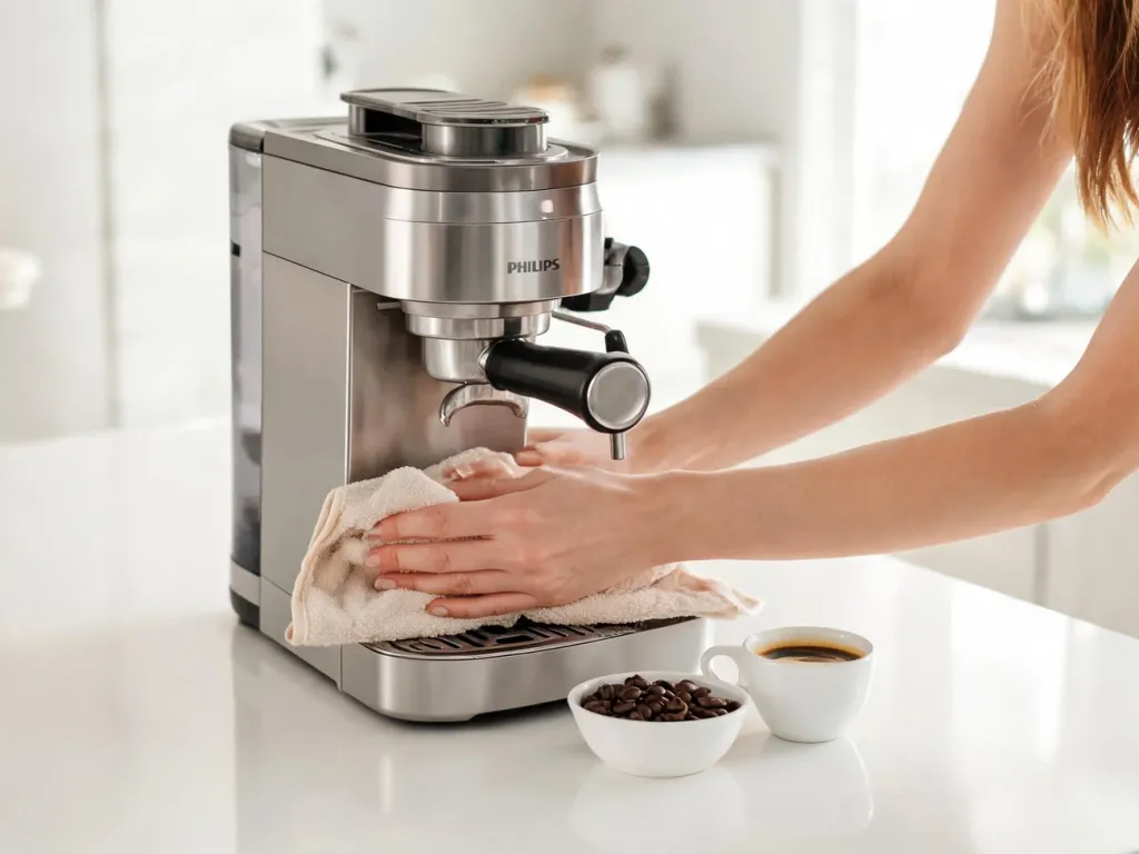 Kobieta czyści tackę ociekową srebrnego ekspresu Philips na jasnym blacie, obok filiżanka espresso i miska z ziarnami.
