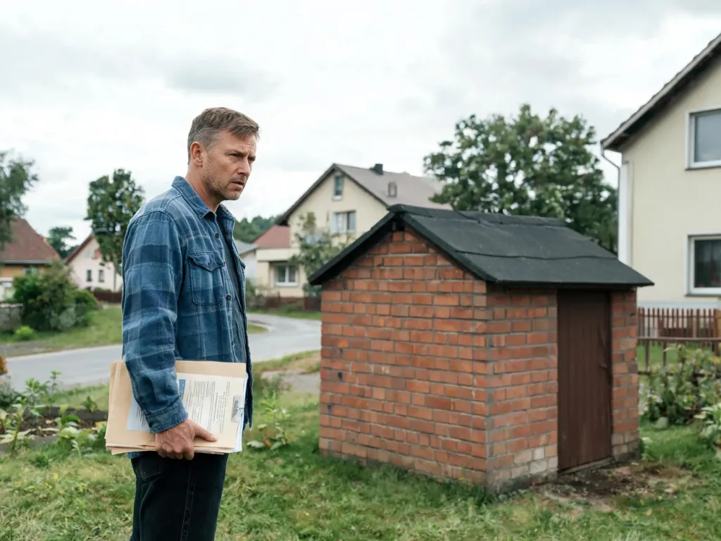 Zaniepokojony właściciel ogląda nowy murowany budynek gospodarczy obok domu, obawiając się konsekwencji budowy bez pozwolenia.