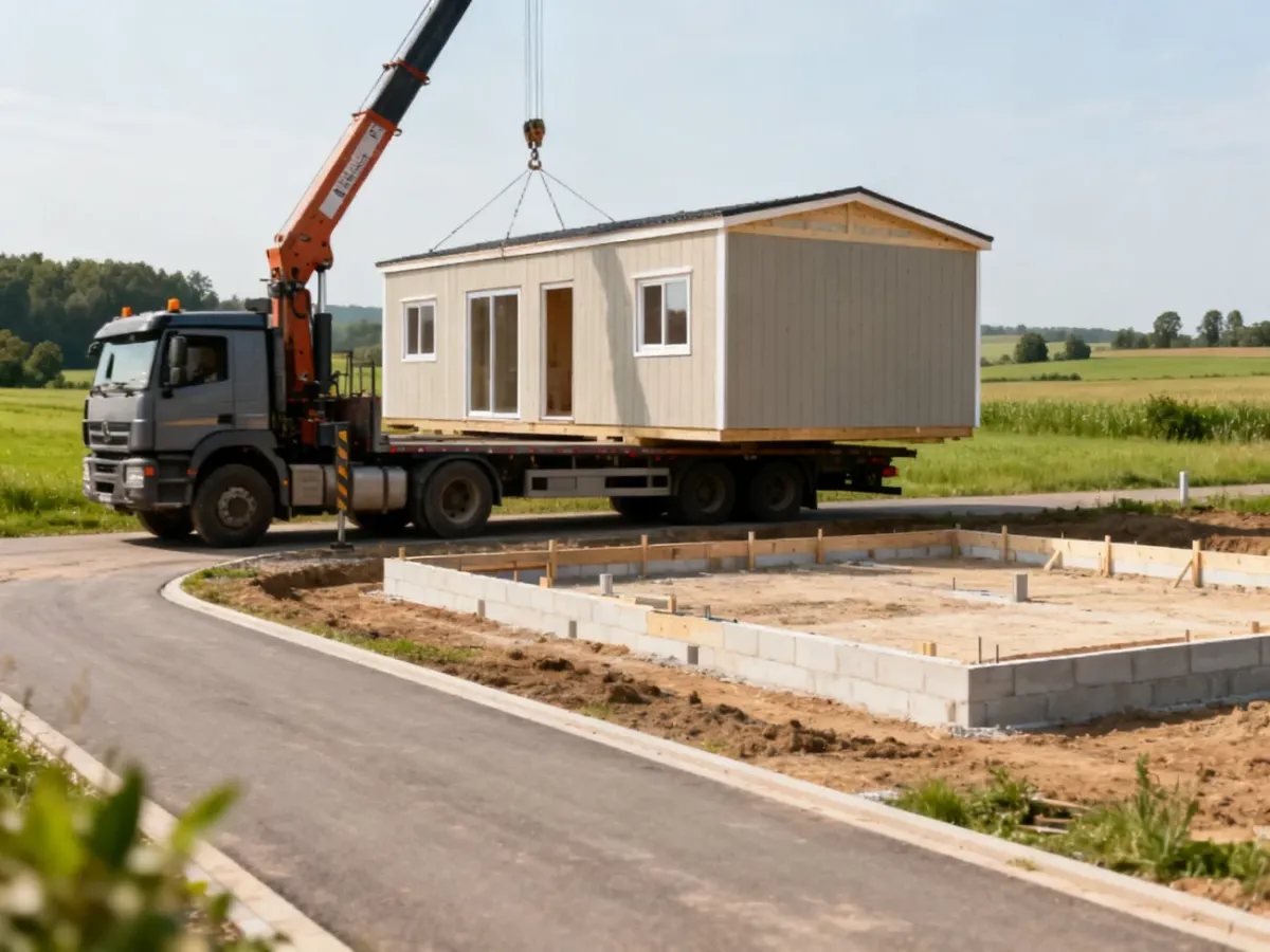 Transport modułu domu na przygotowaną działkę z dźwigiem