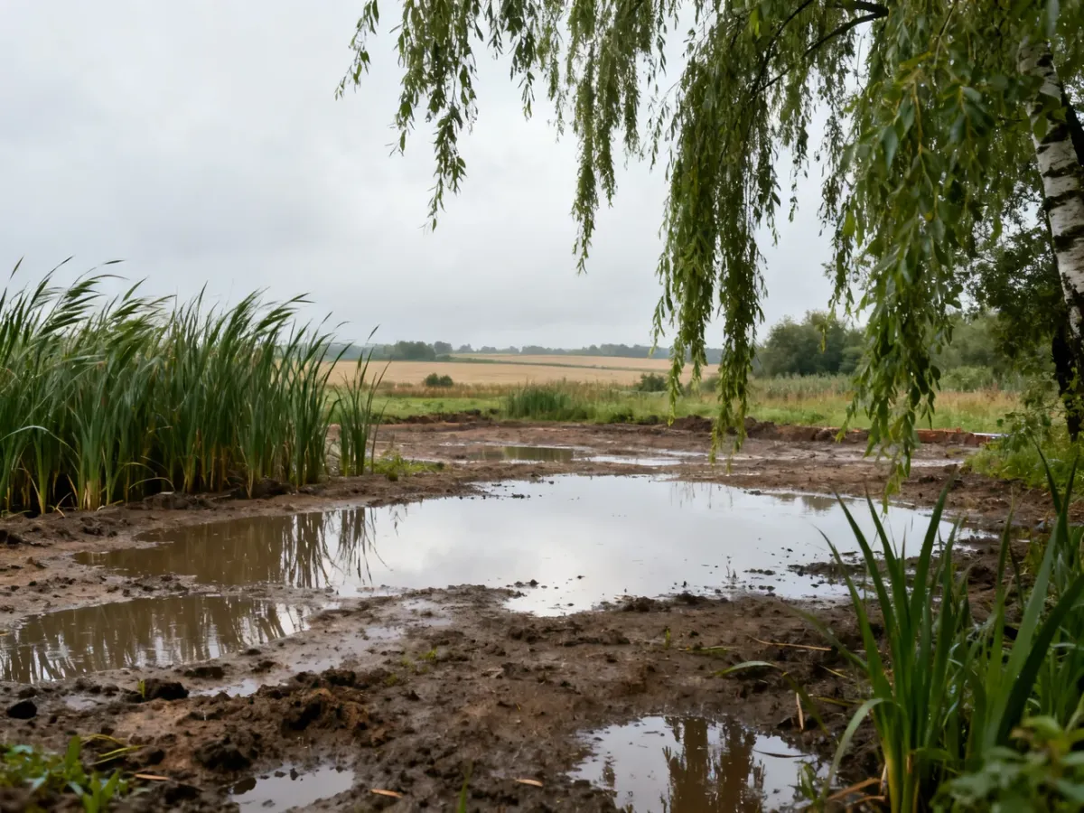 Podmokła działka z kałużami i roślinnością wodnolubną