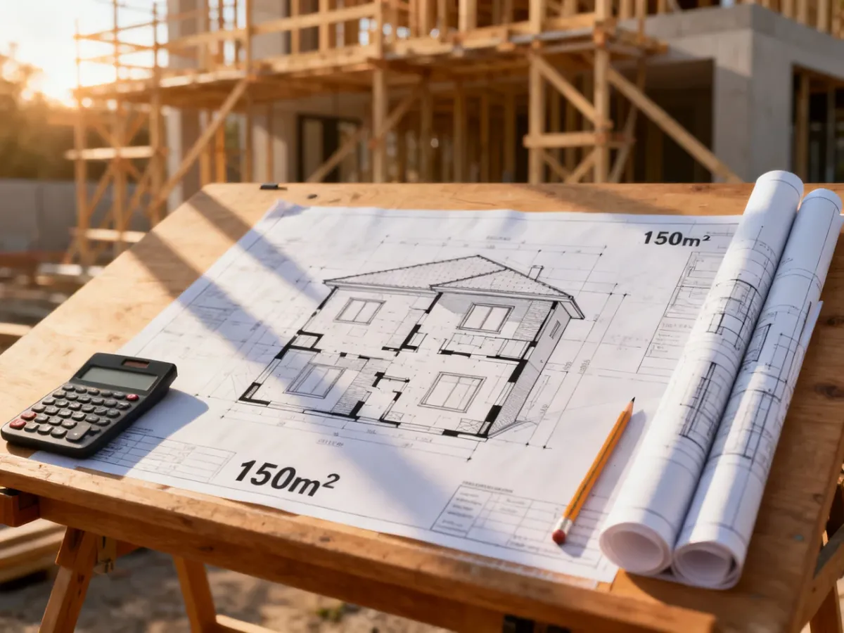 Projekt domu o powierzchni 150 m² na desce kreślarskiej z kalkulatorem i przyborami, symbolizujący planowanie budowy.