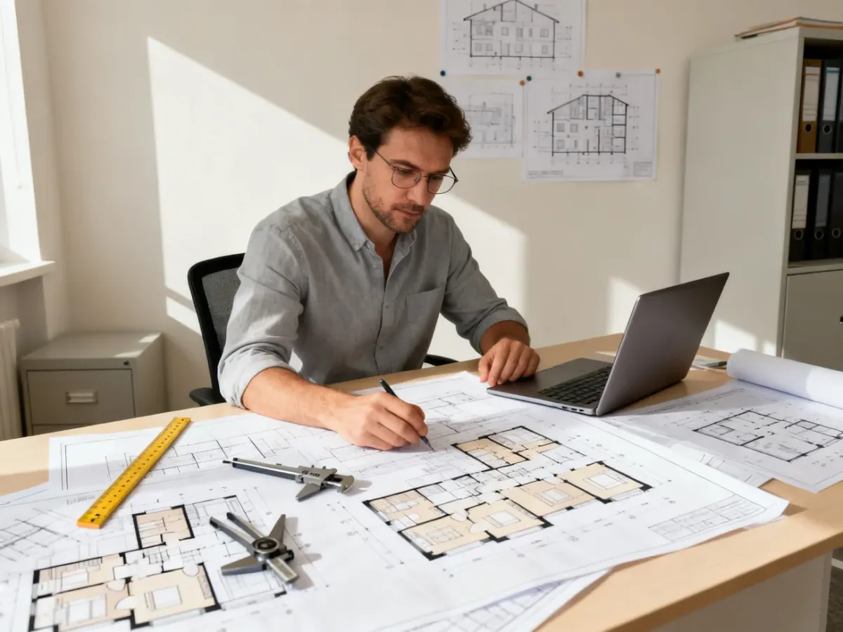 Architekt analizujący rzuty lokalu i dokumentację techniczną