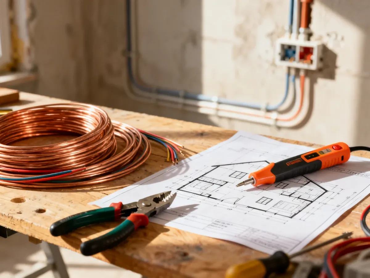 Profesjonalny warsztat elektryka z narzędziami i planem instalacji elektrycznej na tle surowych ścian domu.