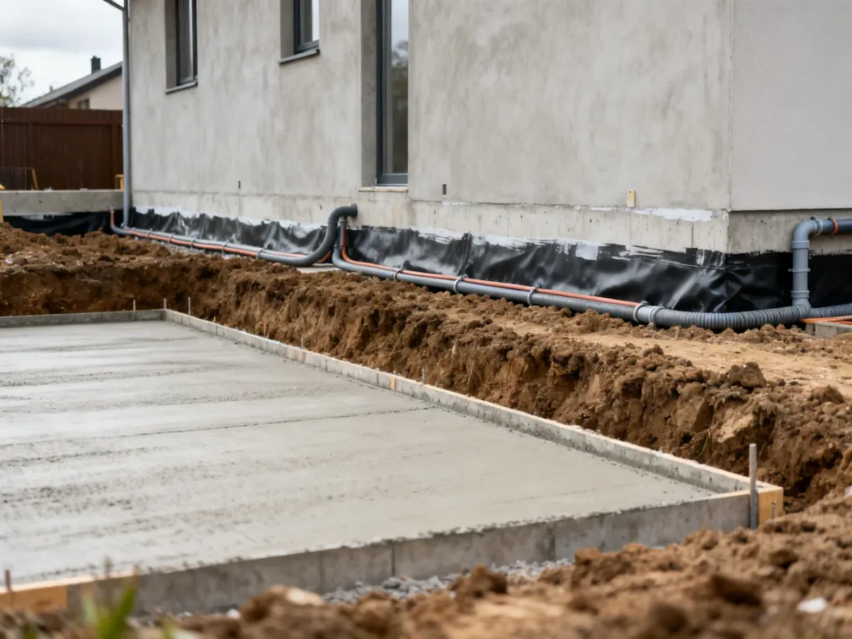 Fundamenty domu z izolacją, przepustami i przygotowaną podłogą na gruncie