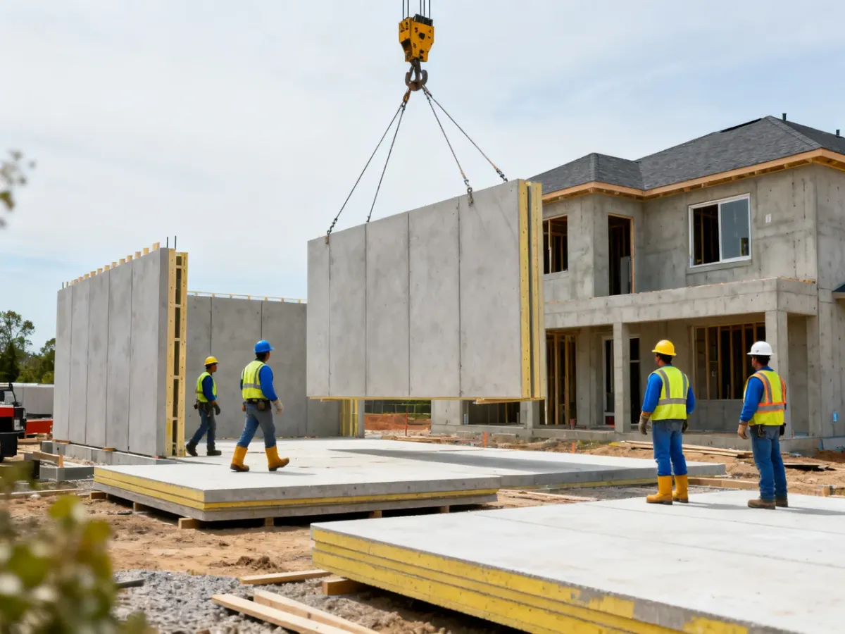 Montaż prefabrykowanych betonowych elementów domu przy użyciu dźwigu