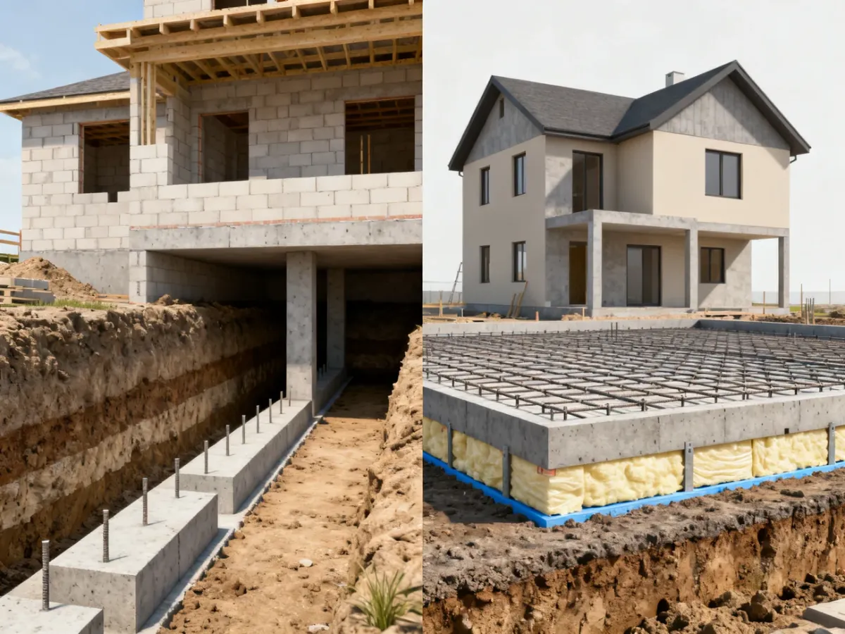 Porównanie ław fundamentowych i płyty fundamentowej na placu budowy