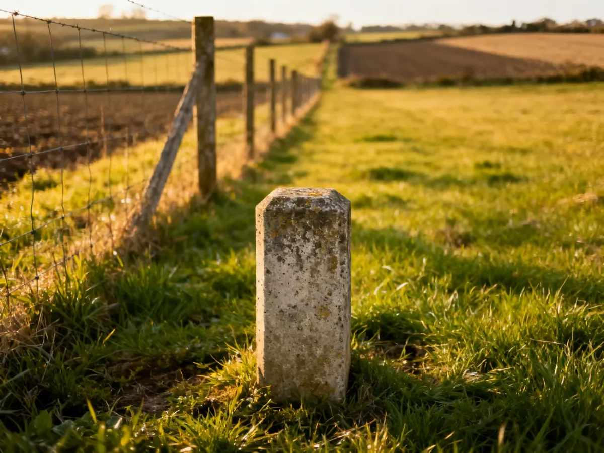 Betonowy słupek graniczny przy ogrodzeniu działki