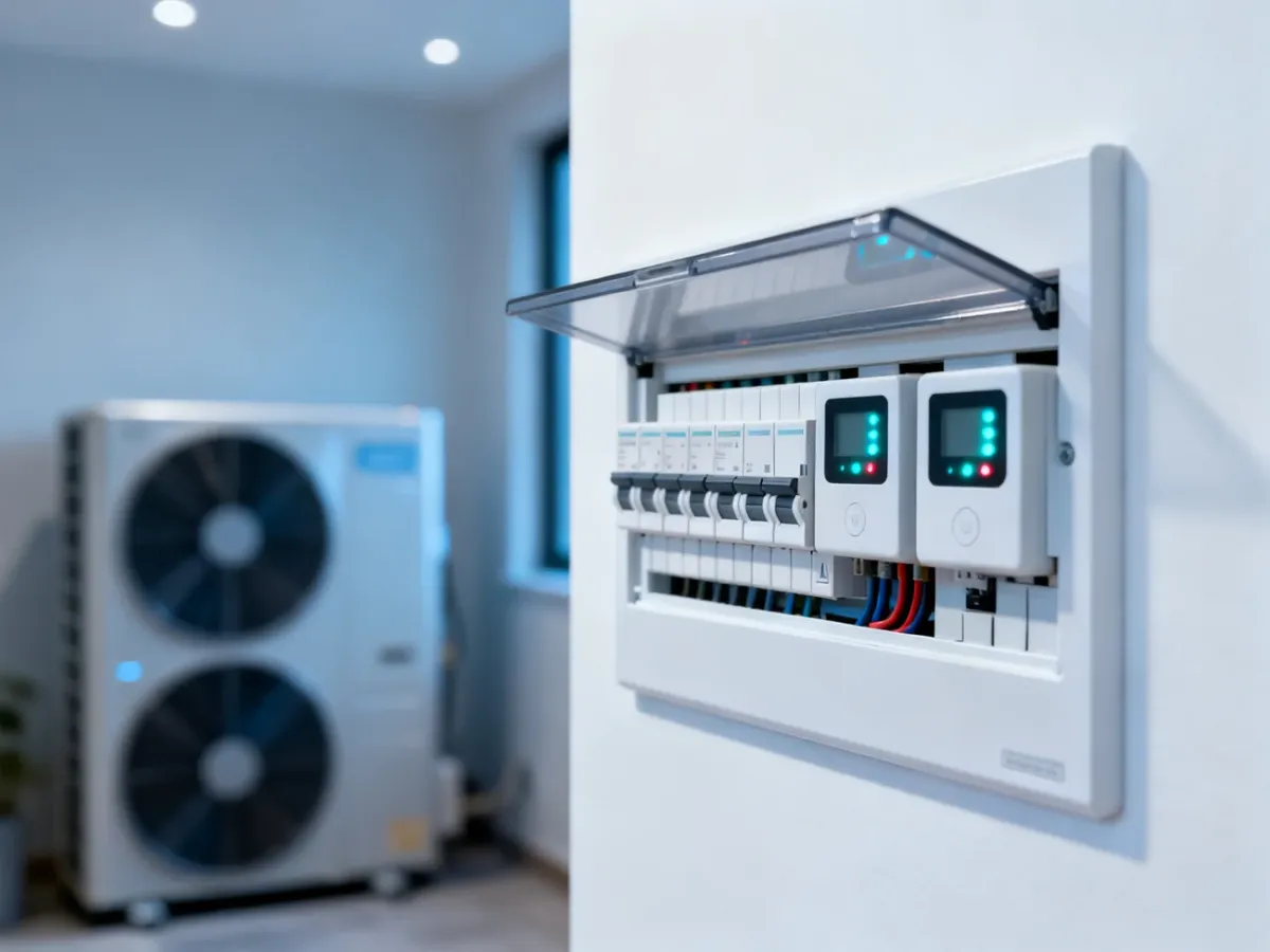 Nowoczesna rozdzielnica elektryczna z licznikami energii w domu z pompą ciepła.