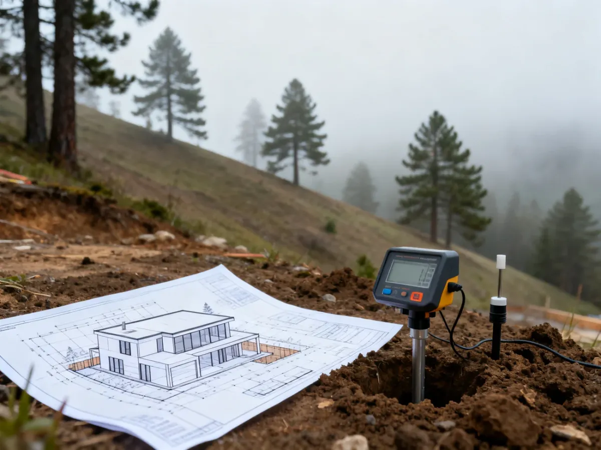 Profesjonalny sprzęt geotechniczny na zboczu wzgórza podczas badania gruntu pod budowę nowoczesnego domu.