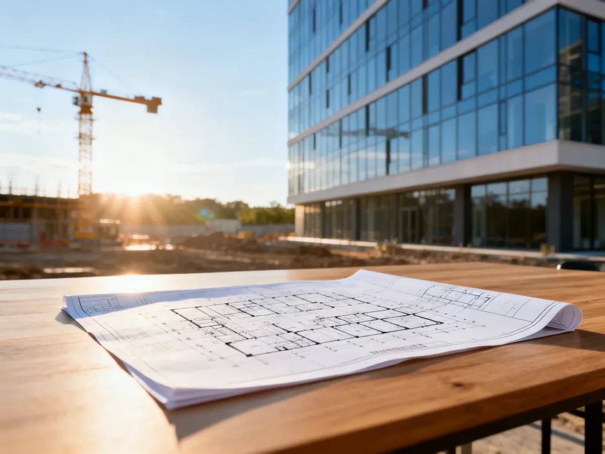 Projekt architektoniczny na stole na tle nowoczesnego budynku i placu budowy, symbolizujący proces odbioru inwestycji.