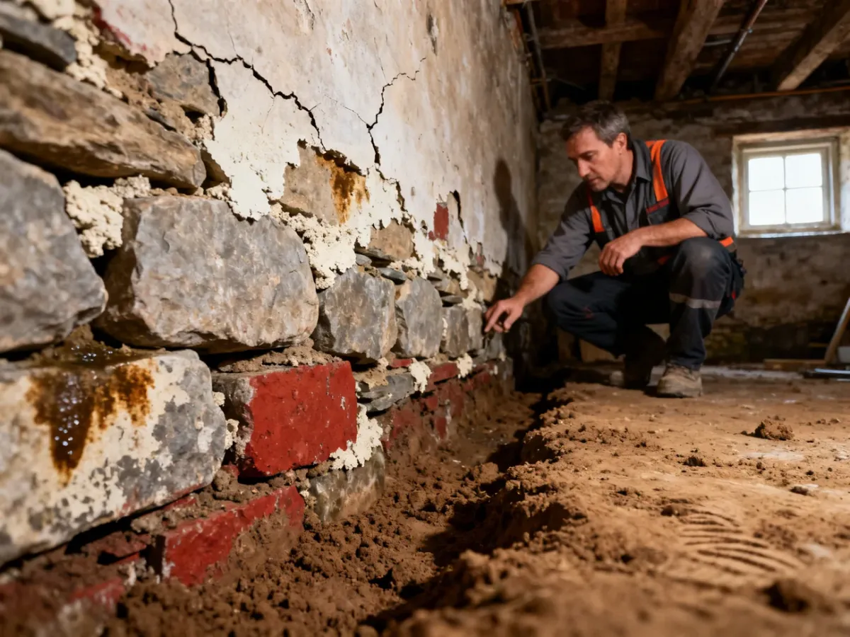 Konstruktor badający zawilgocony kamienny fundament starego domu