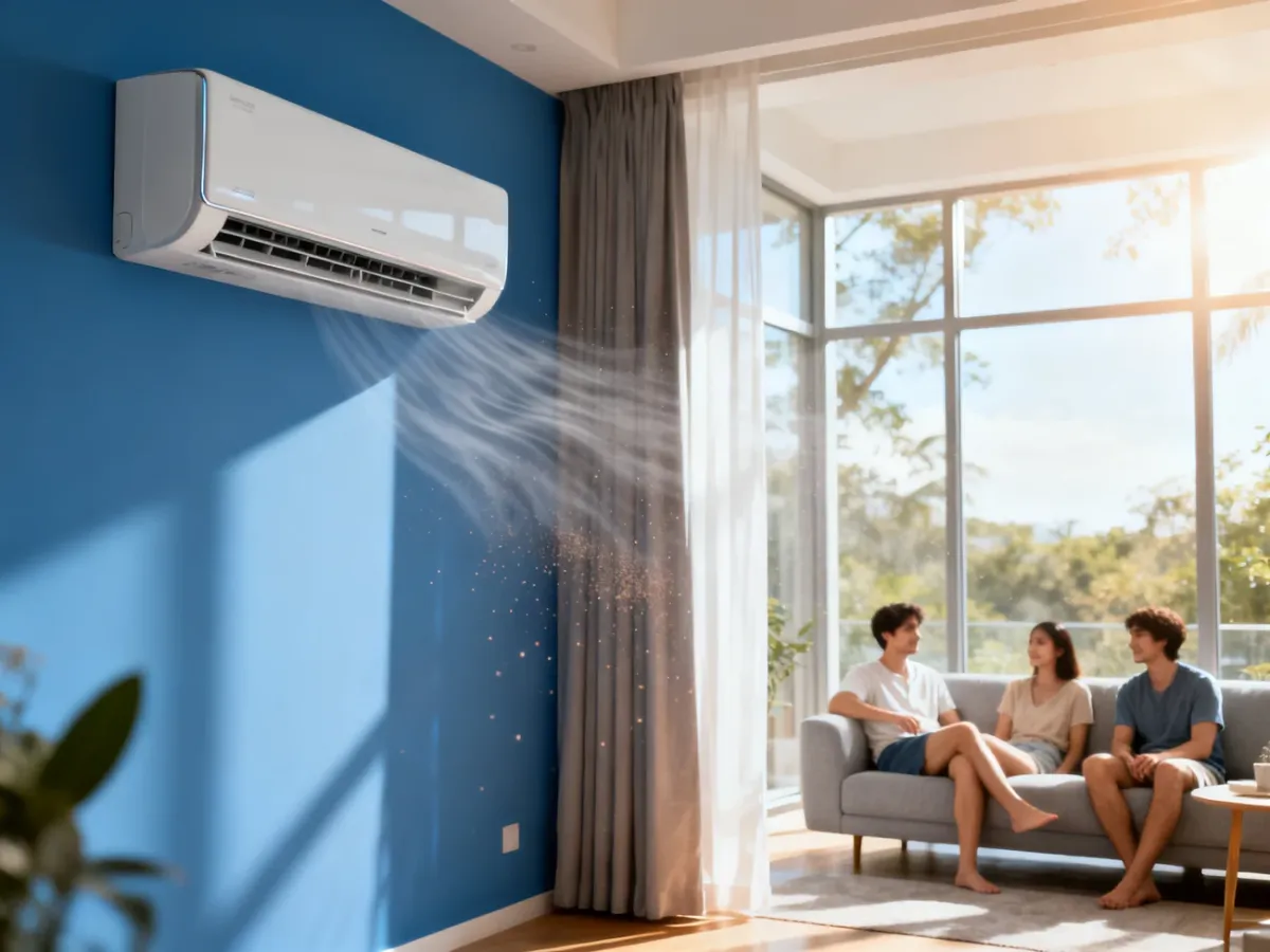 Klimatyzator typu split chłodzący jasny salon z dużymi przeszkleniami