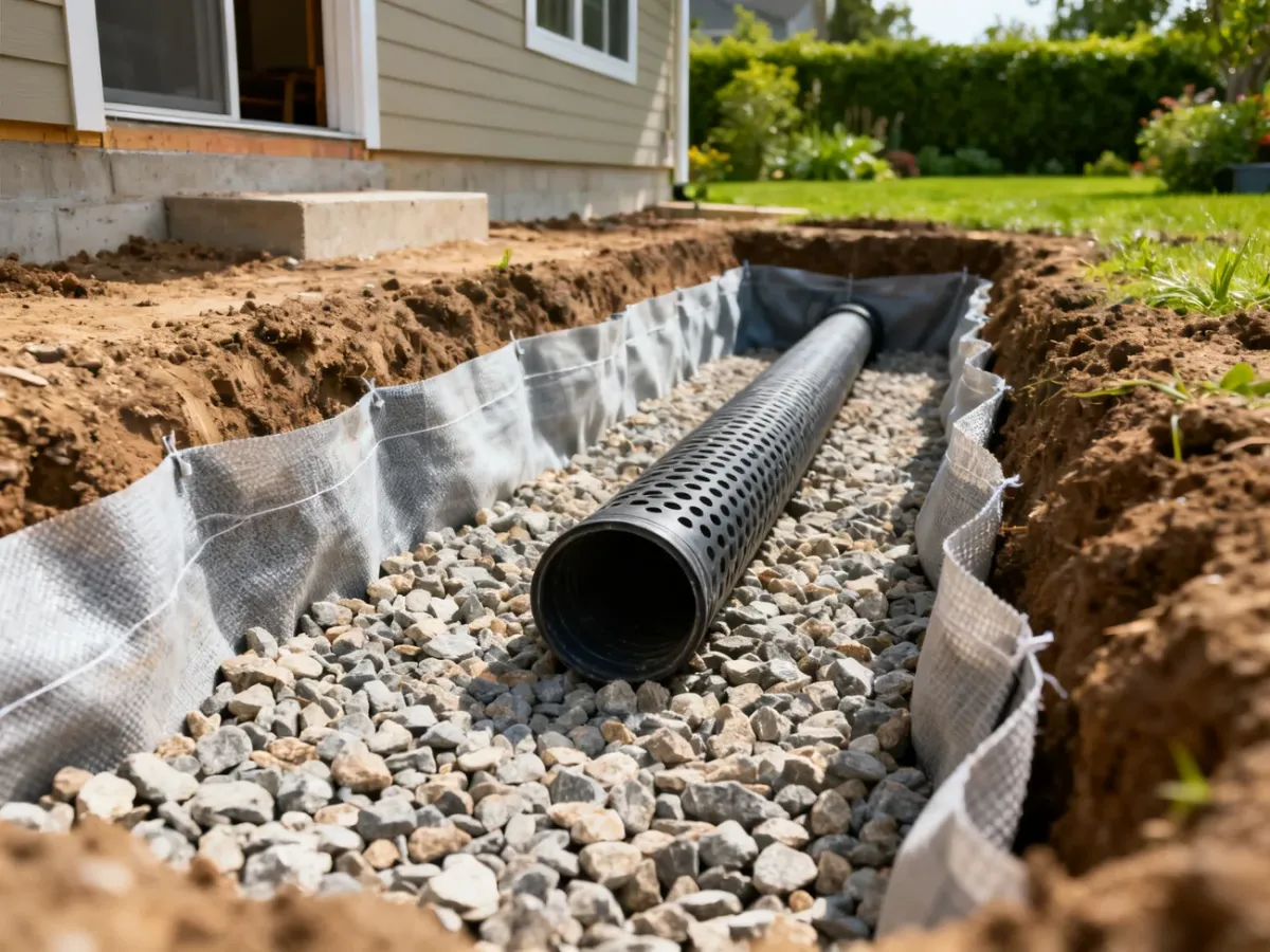 Drenaż opaskowy z perforowaną rurą, kruszywem i geowłókniną przy fundamencie domu