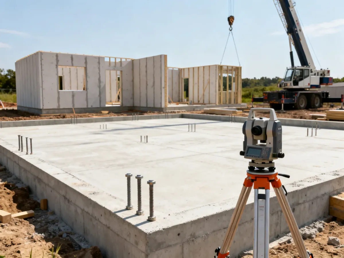 Fundament płyty pod dom prefabrykowany przygotowany do montażu konstrukcji