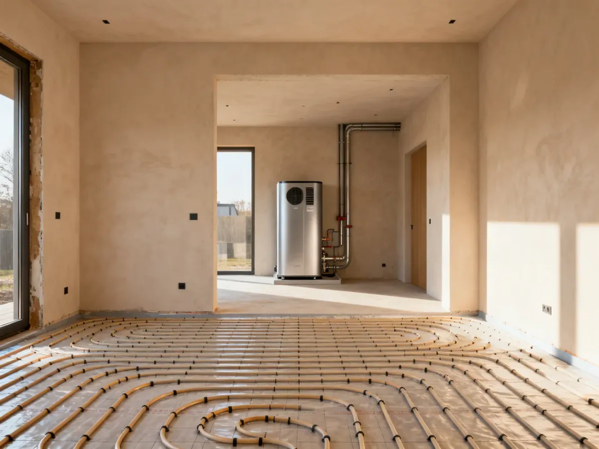 Nowy energooszczędny dom z instalacją ogrzewania podłogowego i pompą ciepła