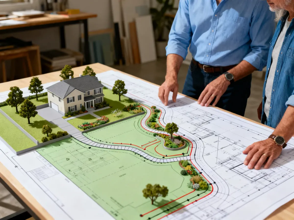 Inwestor i projektant analizują plan zagospodarowania działki z układem domu, ogrodu i instalacji