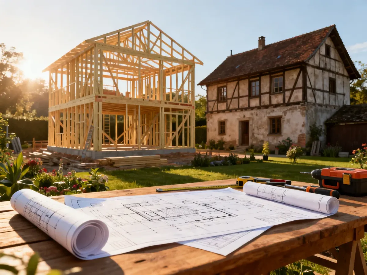 Wizualizacja budowy nowego domu obok istniejącego budynku, z planami architektonicznymi i narzędziami na pierwszym planie.