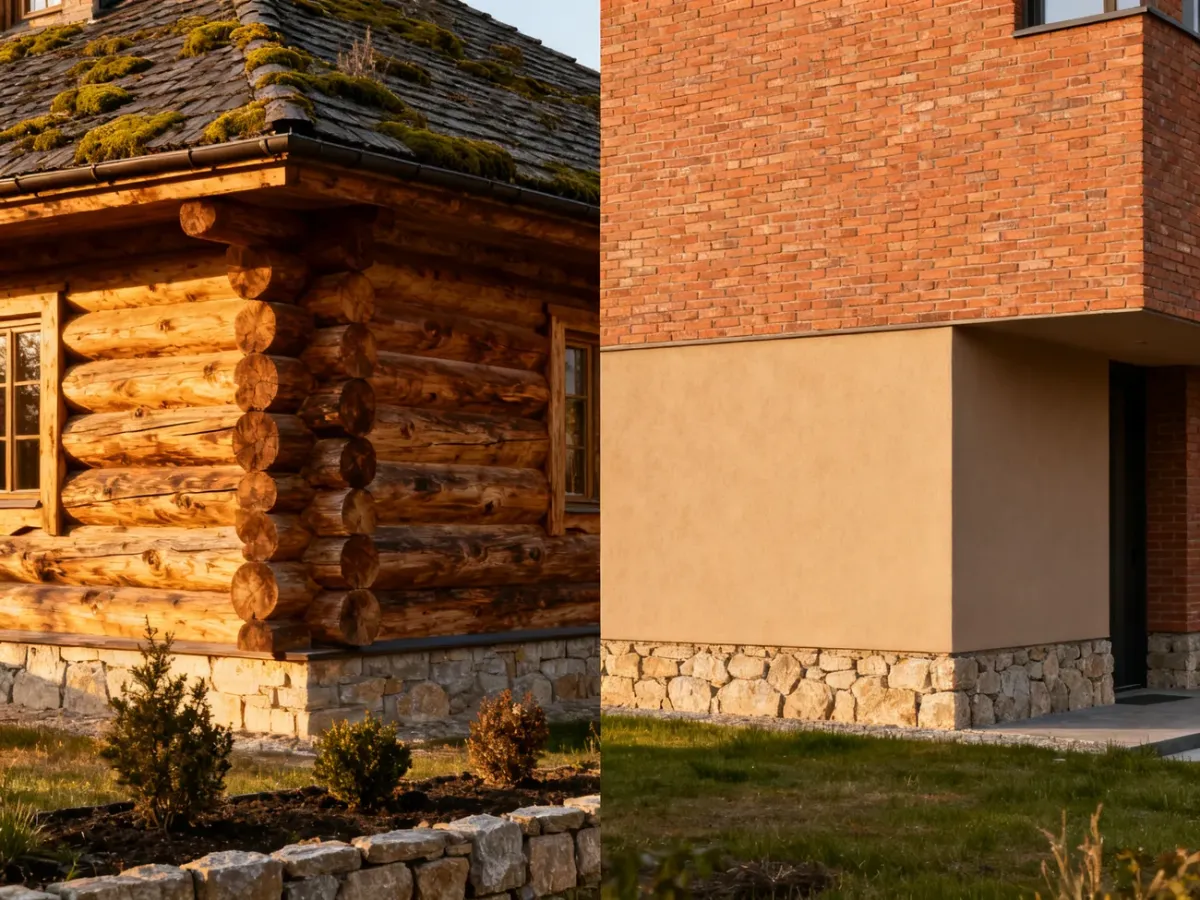 Porównanie domu z bali i domu murowanego w naturalnym otoczeniu