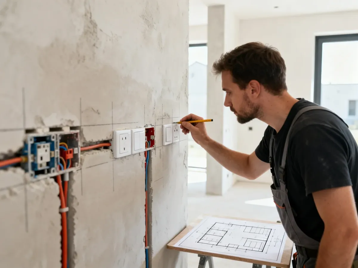 Elektryk wyznaczający miejsca gniazd i włączników w domu przed tynkowaniem