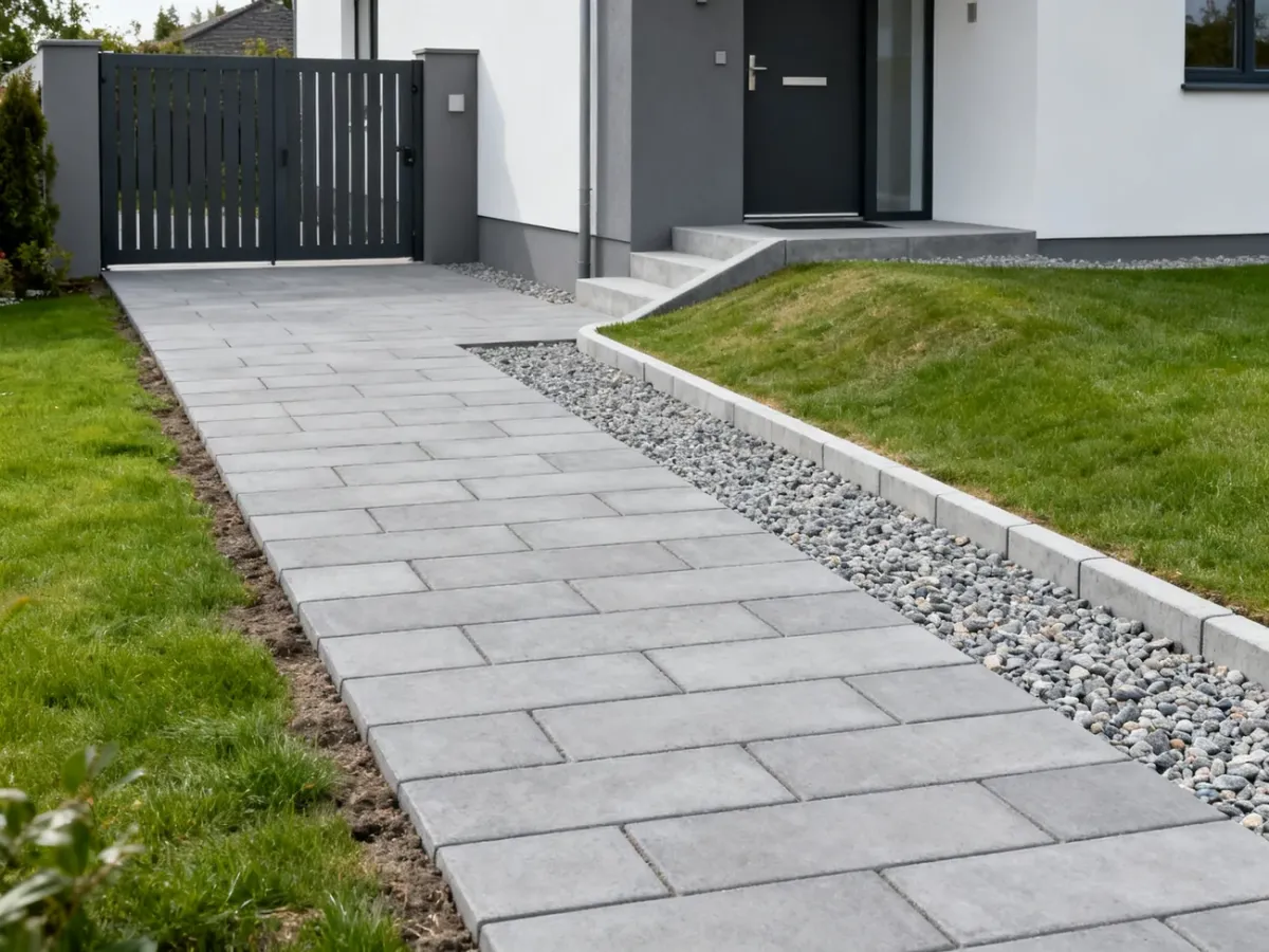 Nowy chodnik z szarej kostki betonowej prowadzący do wejścia domu