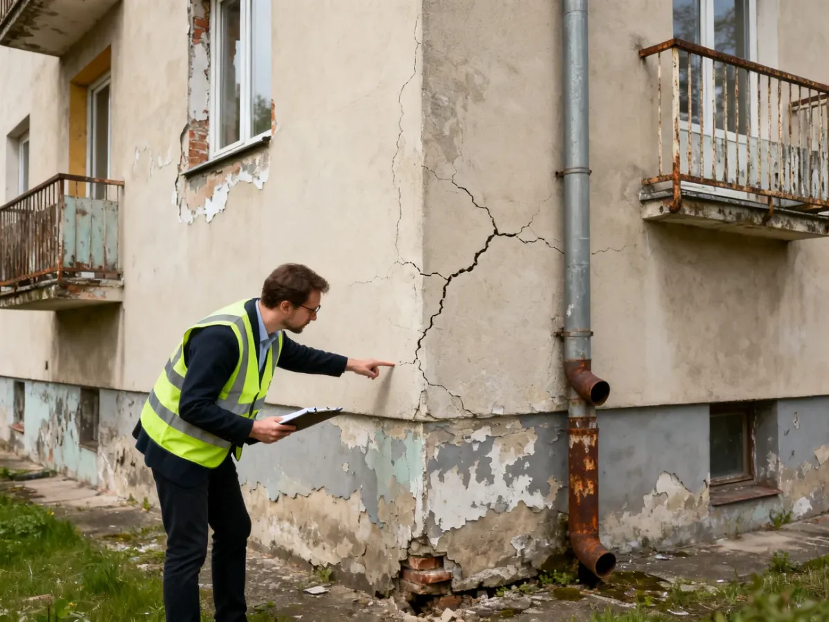 Inspektor oceniający stan elewacji starego domu typu kostka przed remontem
