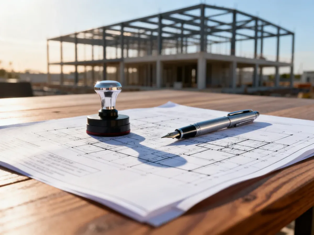 Projekt architektoniczny z pieczątką na drewnianym stole, w tle widoczna konstrukcja nowoczesnego budynku.