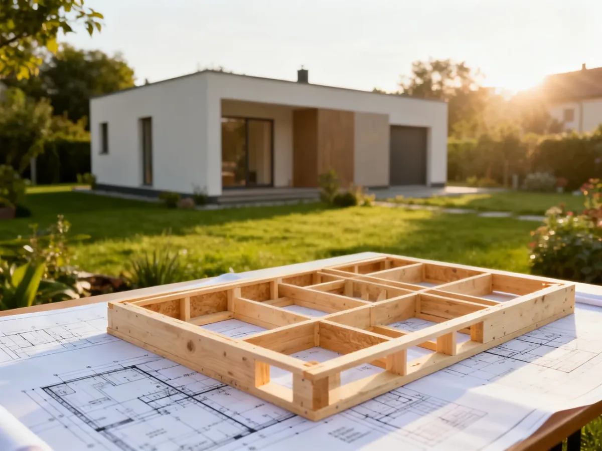 Wizualizacja nowoczesnego domu do 70 m² na tle ogrodu oraz plany budowlane na drewnianym stelażu.